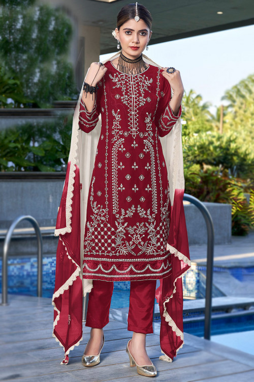 Deep Red Embroidered Georgette Straight Cut Trouser Suit 