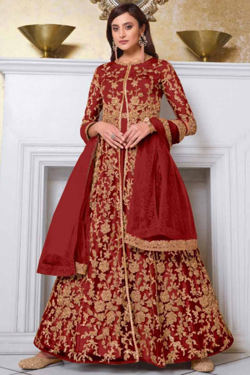 Deep Red Embroidered Net Anarkali Suit