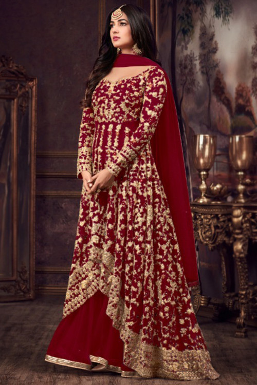 Deep Red Embroidered Net High And Low Anarkali Suit