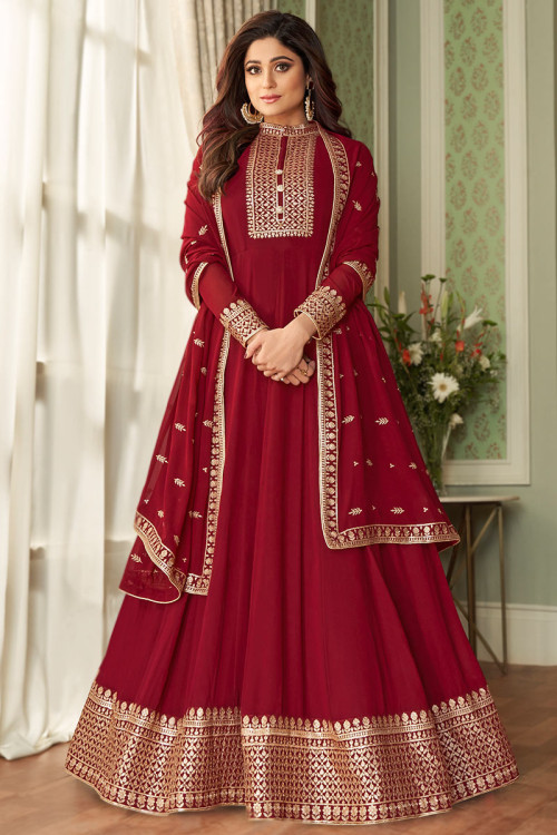 Deep Red Georgette Anarkali Suit With Churidar