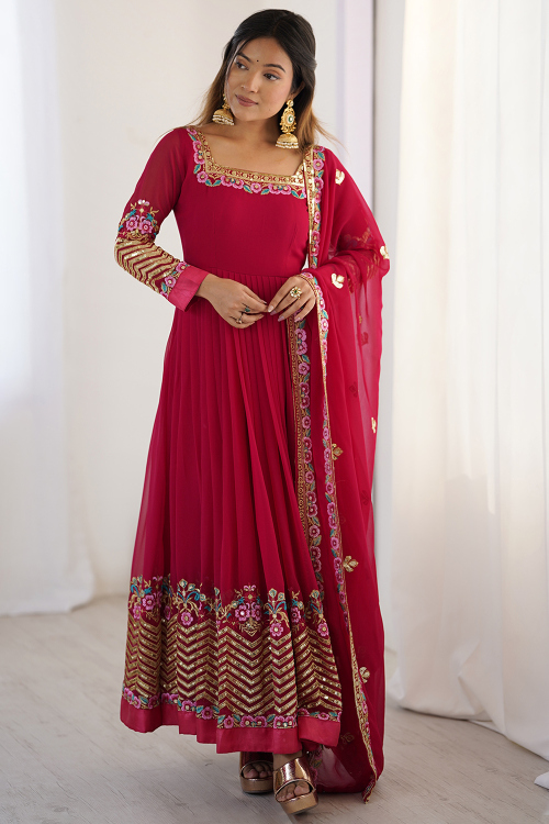 Deep Red Georgette Anarkali Suit With Sequins Work For Festival