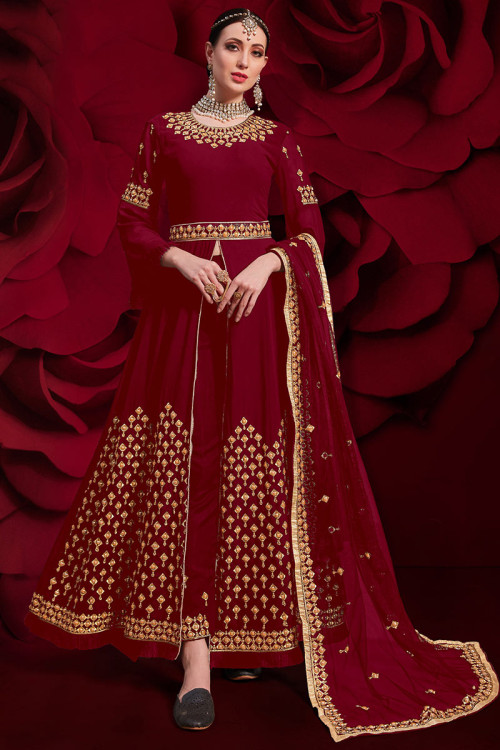 Buy Red and White Silk Fabric Layered Long Frock Suit Online - SALA2559