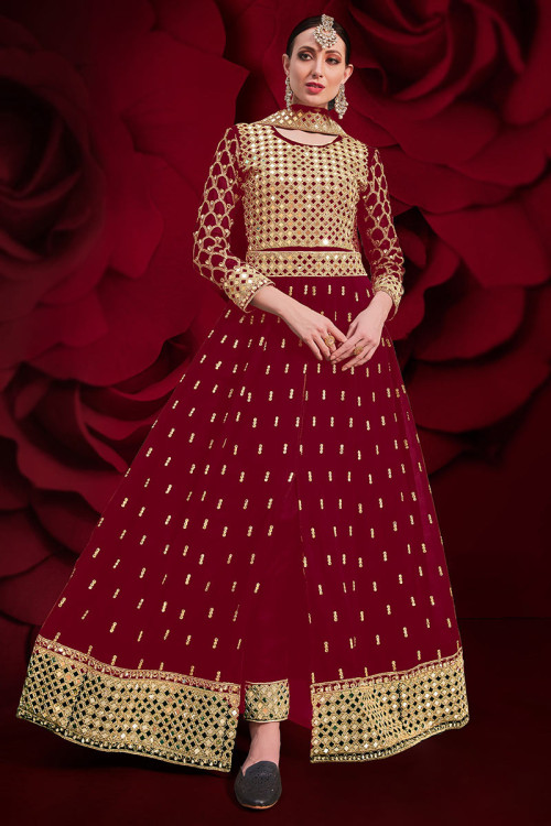 Anarkali Suit in Deep Red Georgette for Party Wear with Dori Work