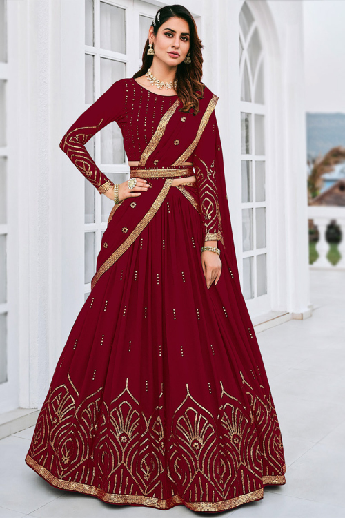 Georgette Deep Red Party Wear Lehenga with Sequins embroidery