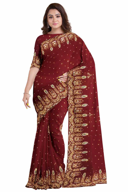 Saree in Georgette Deep Red with Resham Embroidery for Party 