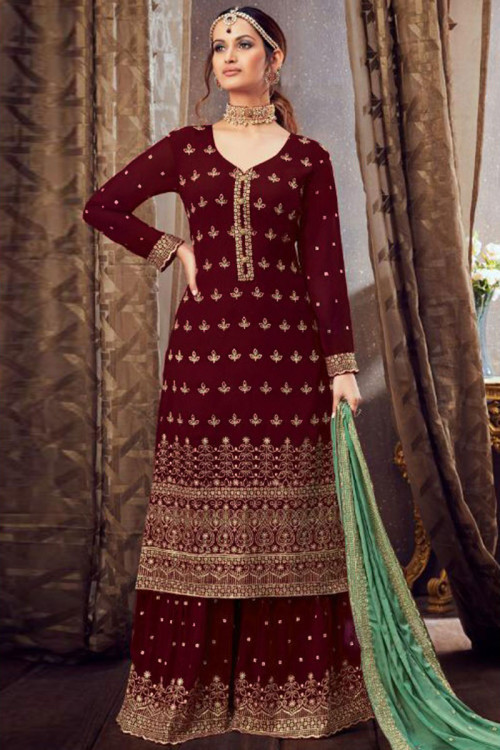 Deep Red Georgette Embroidered Sharara Suit