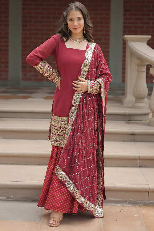 Deep Red Georgette Embroidered Straight Cut Sharara Suit