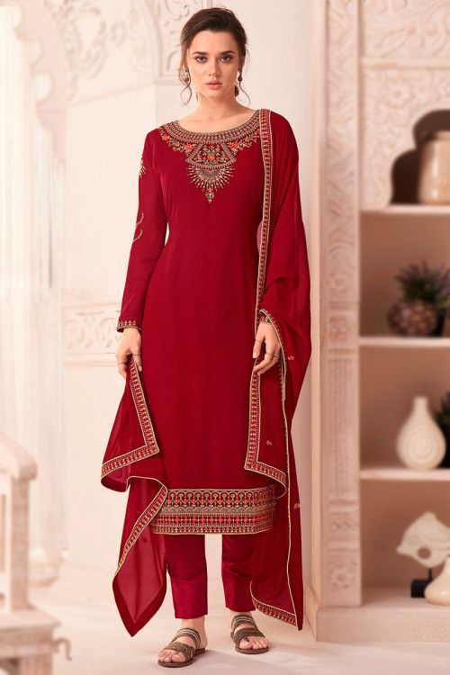 Deep Red Georgette Embroidered Straight Cut Trouser Suit