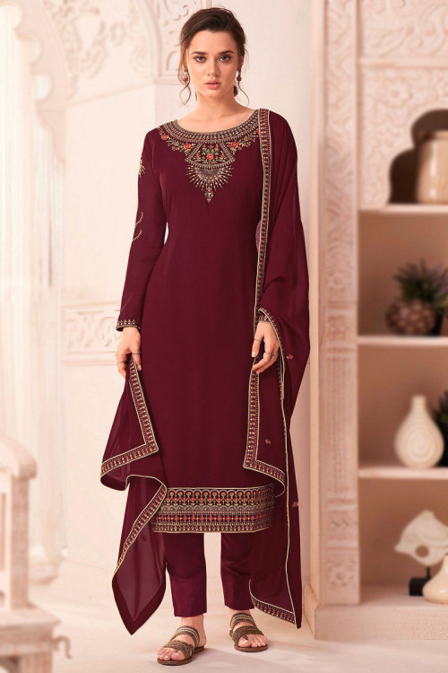 Maroon Georgette Embroidered Straight Cut Trouser Suit