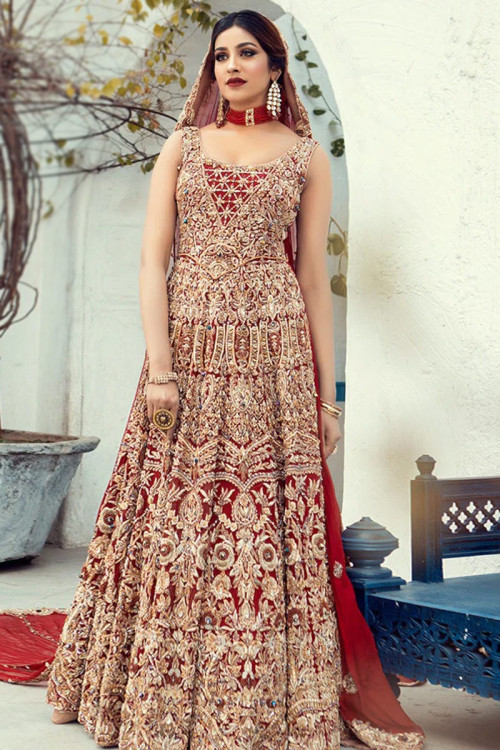 Deep Red Georgette Embroidered Trail Cut Lehenga