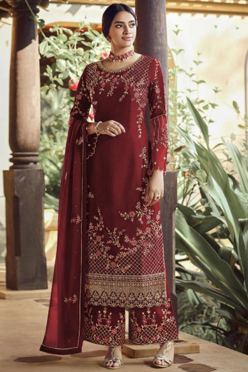 Deep Red Georgette Embroidered Trouser Suit