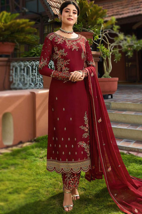Party Wear Zari Embroidered Deep Red Trouser Suit in Georgette