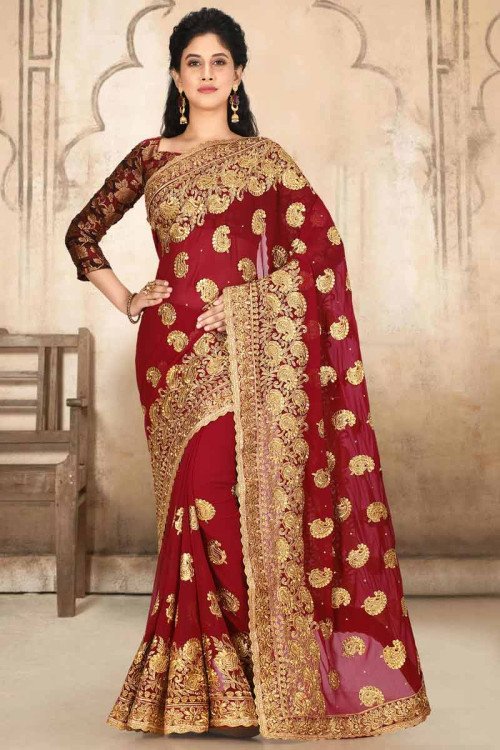 Deep Red Georgette Saree With Patch Work 