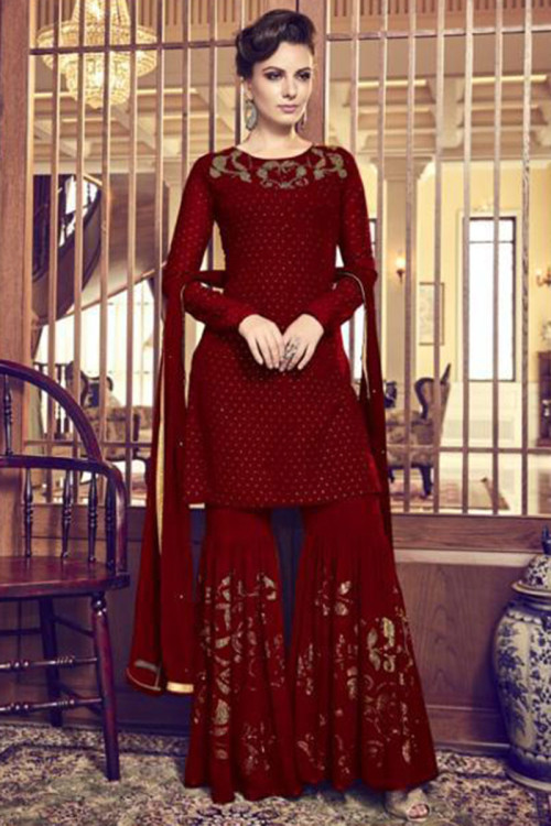 Deep Red Georgette Sharara Suit With Mukaish Work