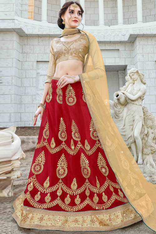 Deep Red Net Embroidered A Line Lehenga