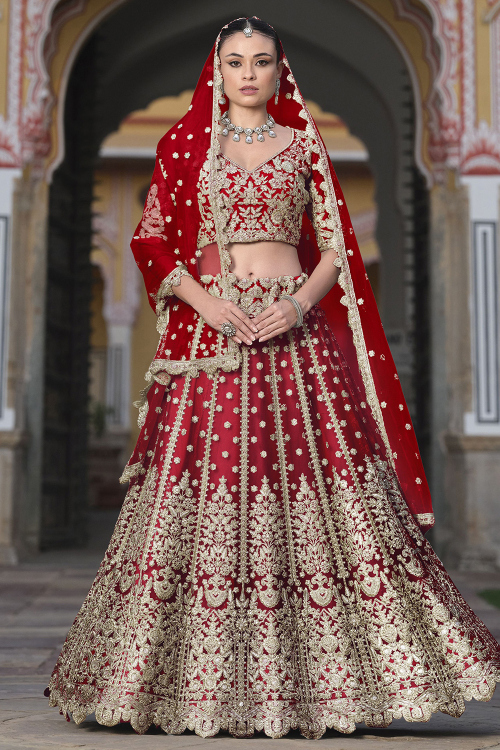 Deep Red Net Embroidered A Line Lehenga 