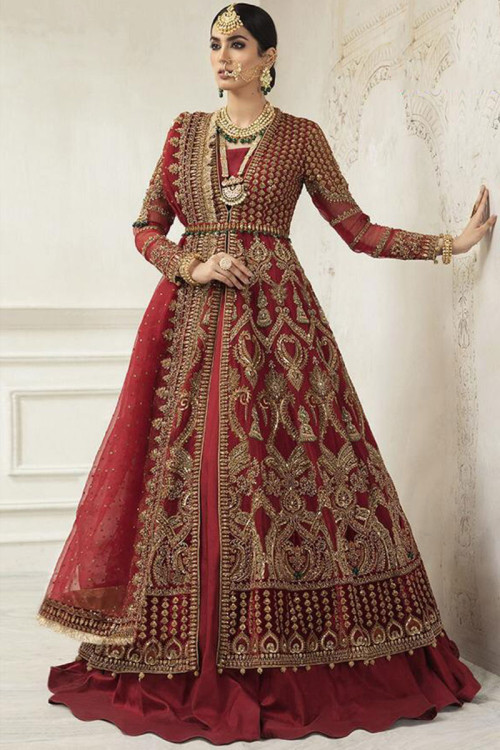 Eid Party Wear Zari Embroidered Deep Red Anarkali Suit in Net