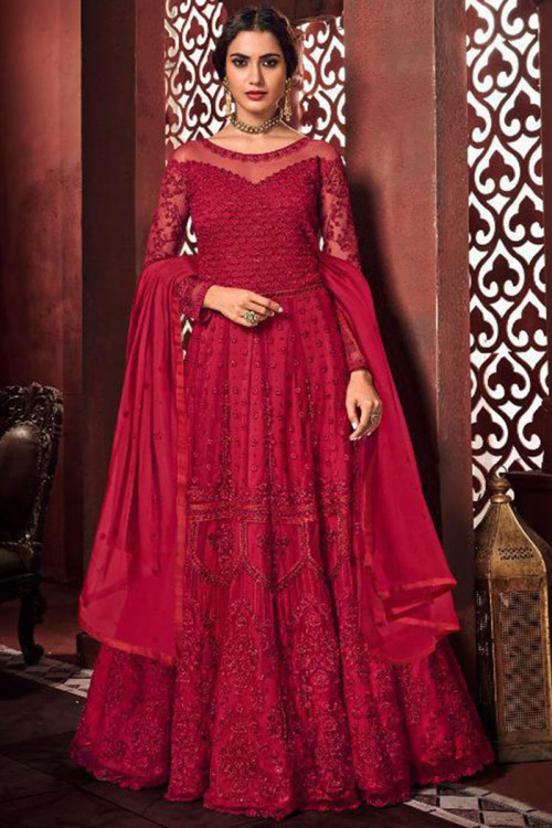 Beads Work Deep Red Anarkali Suit in Net for Sangeet