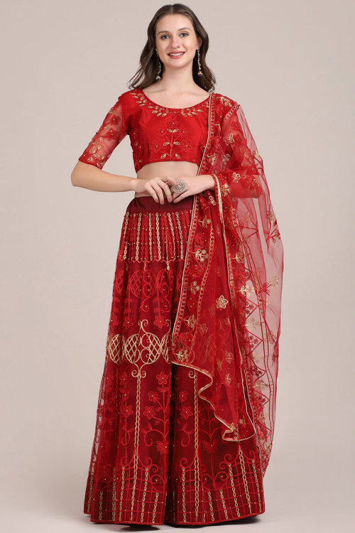 Lehenga for Party Wear in Net Deep Red with Resham embroidery