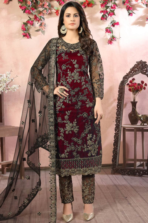 Latest Deep Red Trouser Suit with Thread work LSTV09206