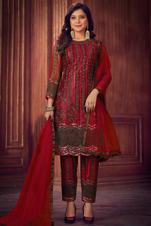 Deep Red Net Embroidered Trouser Suit