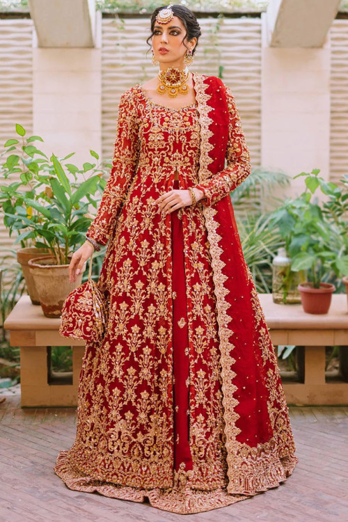 Buy Scarlette Red Mutli-thread Embroidered Velvet Bridal Lehenga Choli From  Ethnic Plus