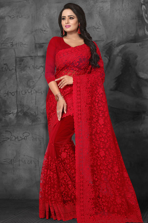 Deep Red Pearl Embroidered Net Light Weight Saree 