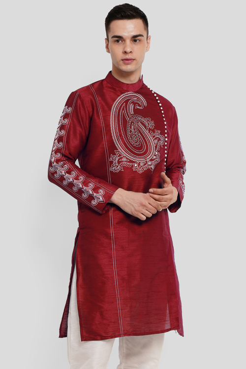 Deep Red Printed Dupion Silk Men's Kurta For Sangeet 