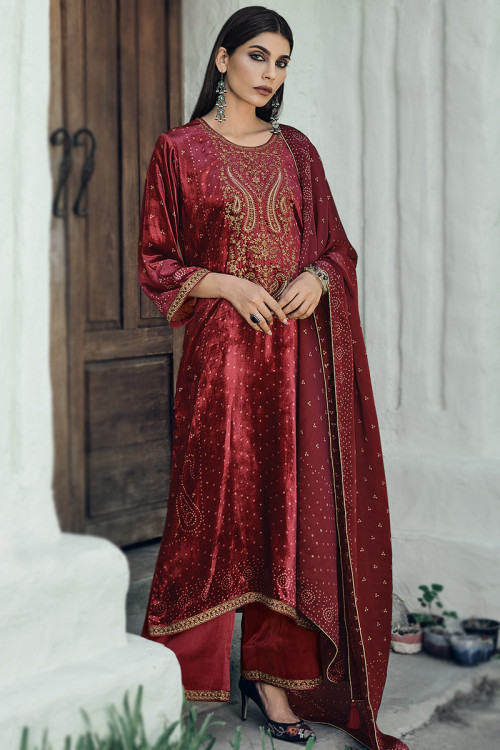 Deep Red Trail Cut Palazzo Pant Suit