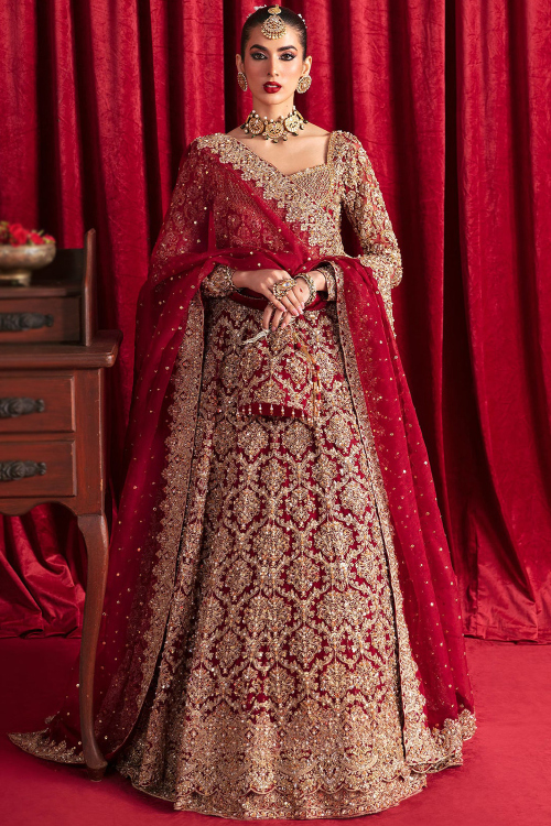 Deep Red Raw Silk Embroidered Flared Style Lehenga 