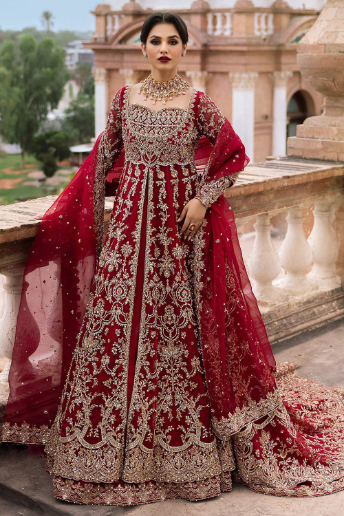 Deep Red Raw Silk Embroidered Panelled Style Lehenga 