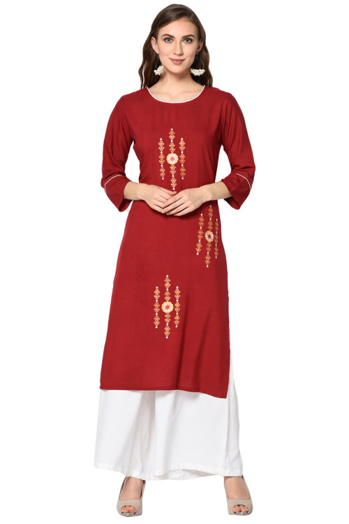 Deep Red Rayon Resham Embroidered Trouser Suit