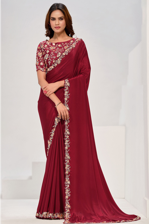 Deep Red Satin Sequins Embroidered Light Weight Saree