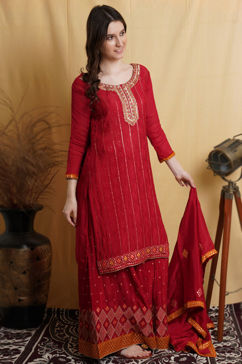 Deep Red Sequins Embroidered Chinnon Palazzo Suit For Sangeet 