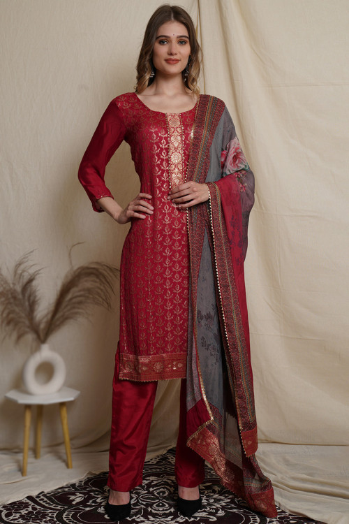 Deep Red Sequins Embroidered Chinnon Straight Cut Trouser Suit 