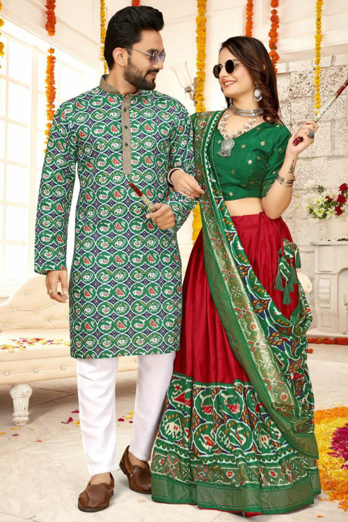 Deep Red Silk Blend Foil Print Couple's Outfit 