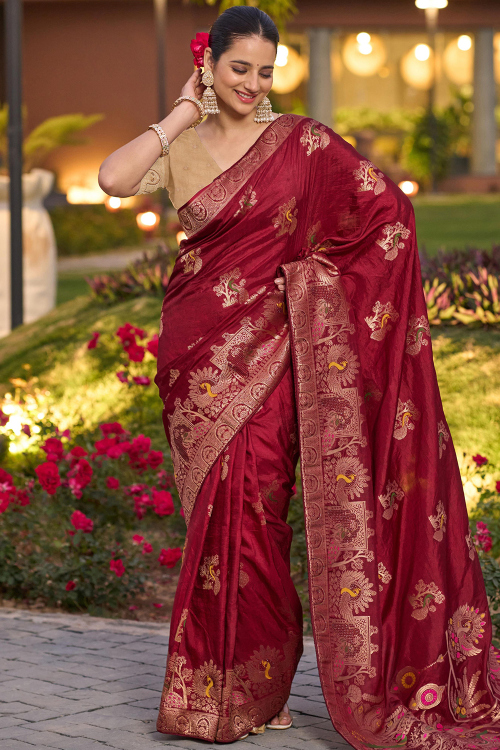 Deep Red Silk Blend Saree With Stone Work For Sangeet