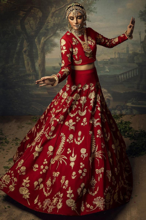 Deep Red Silk Embroidered Bridal Wear Lehenga