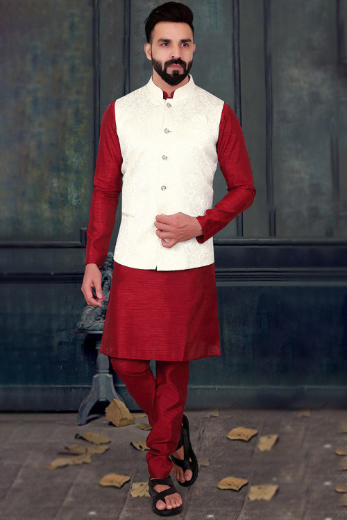 Buy Jacket Style Red Navratri Kurta Pajama Online for Men in USA