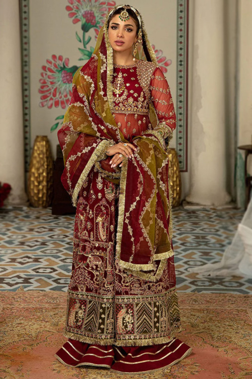 Deep Red Silk Lace Embroidered Long Choli Bridal Lehenga