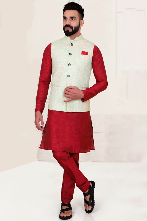 Deep Red Silk Men Kurta Pajama With Embroidered Jacket