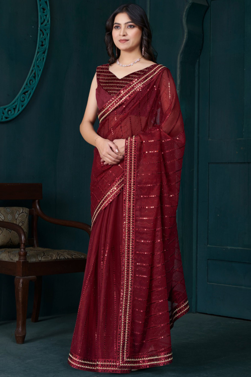 Deep Red Silk Organza Saree With Sequins Work For Diwali Wear