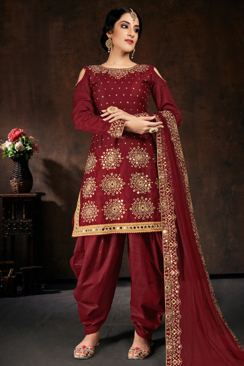 Deep Red Silk Straight Cut Patiala Suit
