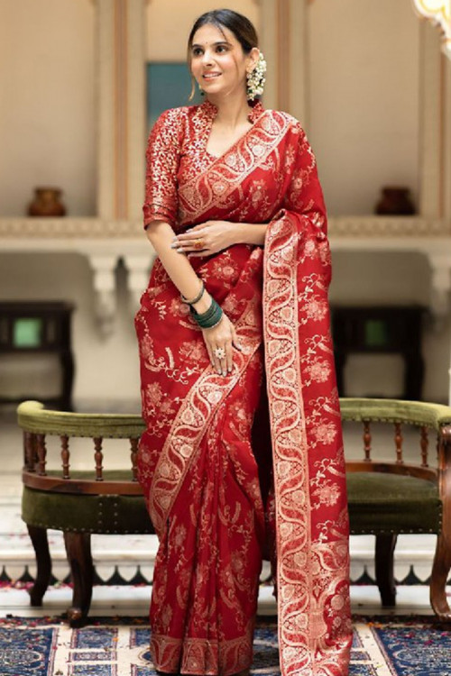 Buy Red Chinese Collar Neck Sarees Online for Women in USA