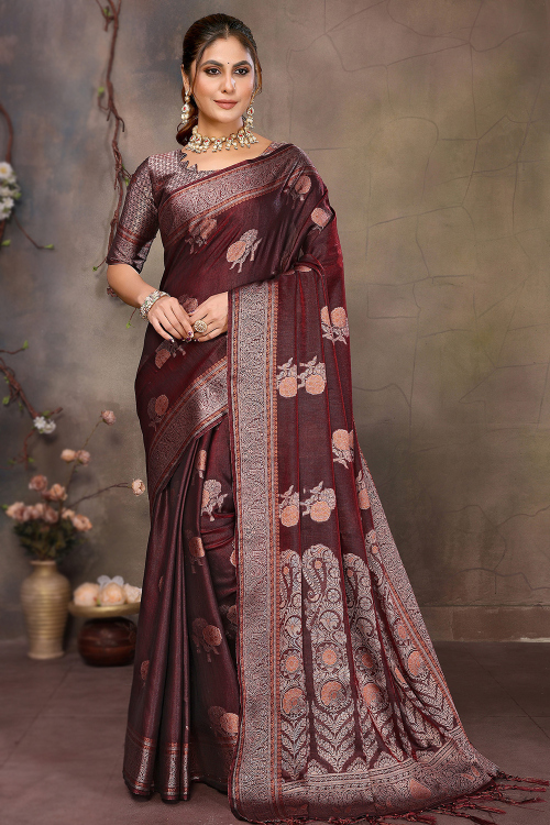Deep Red Soft Silk Broad Border Saree With Weaved Work