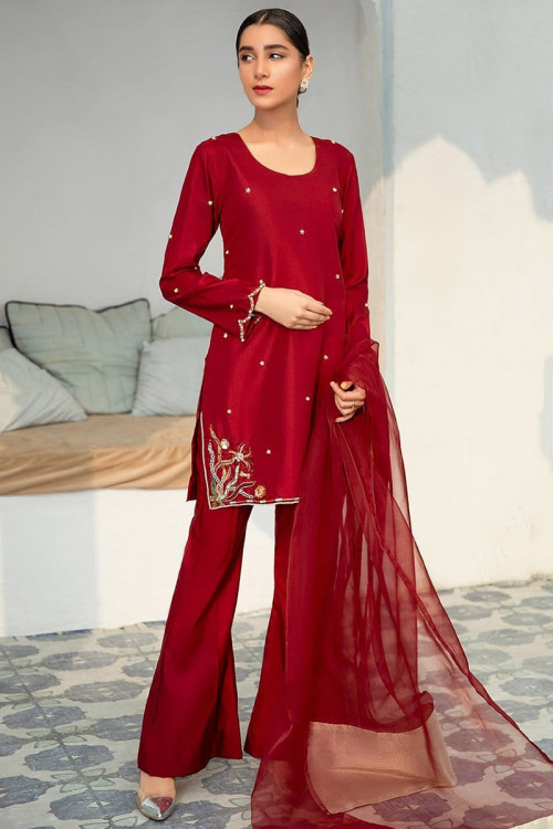 Deep Red Taffeta Silk Straight Cut Embroidered Trouser Suit