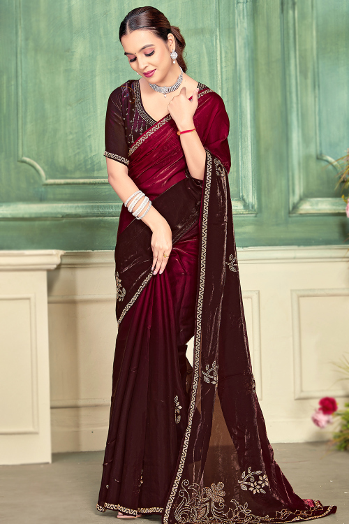 Deep Red Tissue Silk Printed Ombre Saree 