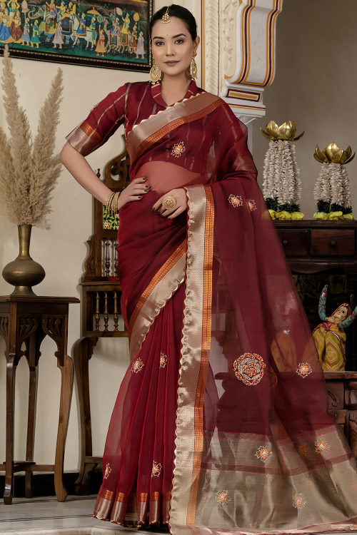 Deep Red Tissue Woven Zari Light Weight Saree