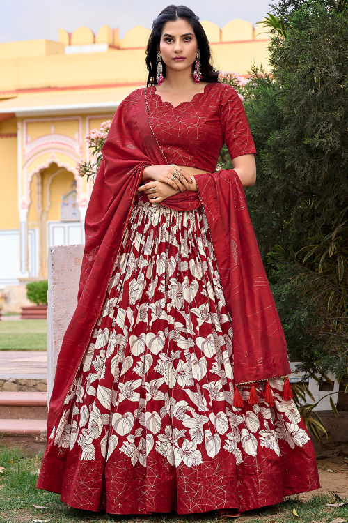 Deep Red Tussar Silk Lehenga with Printed Work for Diwali