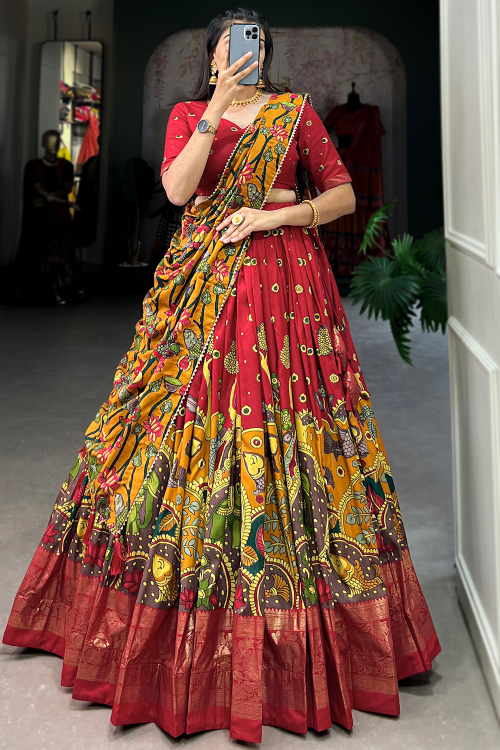 Deep Red Tussar Silk Lehenga With Printed Work For Diwali